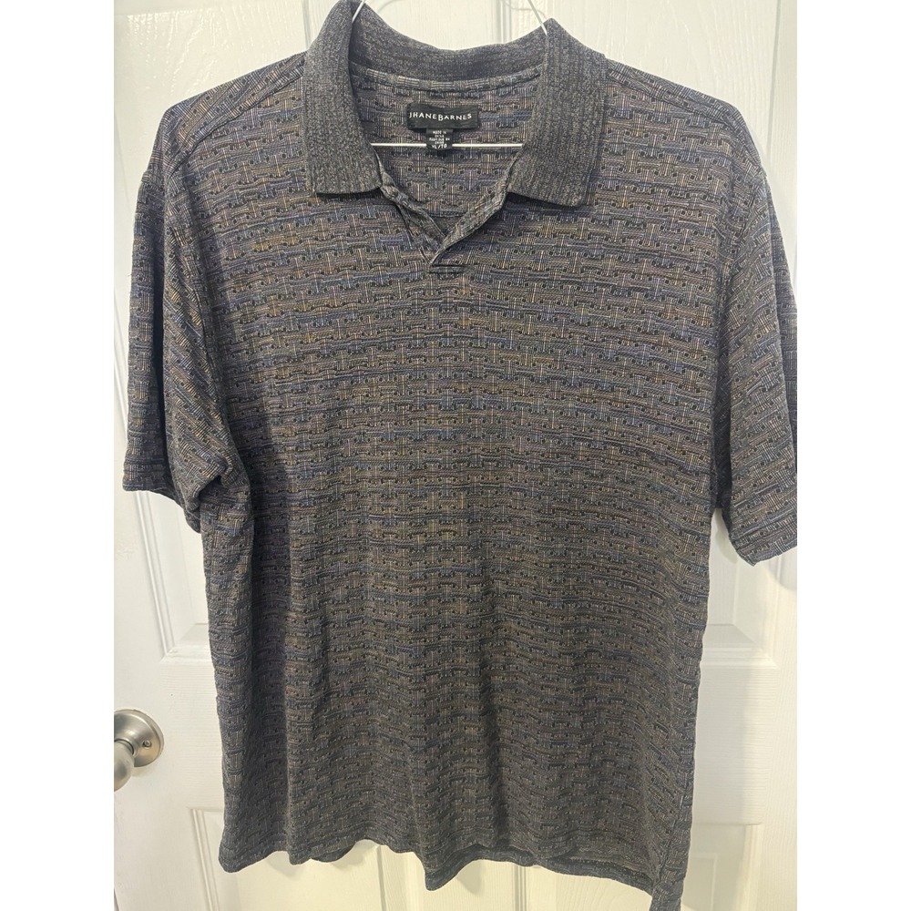 Jhane Barnes Men's XL 100% Silk Polo Shirt Multicolor Maze Geometric Print